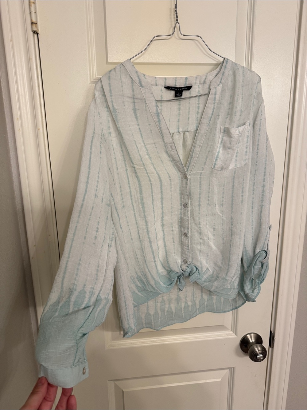Light Teal Striped Tie-Front Blouse